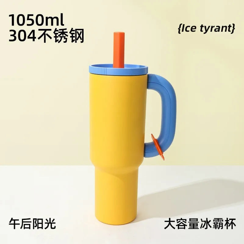 1050ml Insulated Mug with Handle and Straw Ice Cup Large Capacity Tumbler Stainless Steel Water Bottle Office Home Thermal Mug