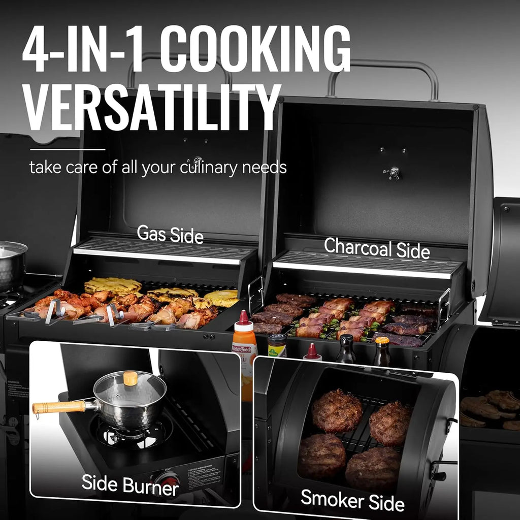 2-Burner Gas and Charcoal Combo Grill with Offset Smoker & Side Burner, 34,000 BTU Dual Fuel Grill, 1020 Sq. In., Customized