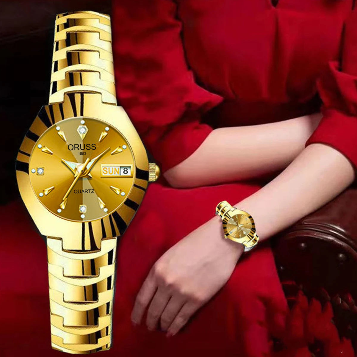 ORUSS Couple Watch Waterproof Casual Fashion Women Men Quartz Watches Ladies Stainless Date Week Men Clock Lover's Date Gift