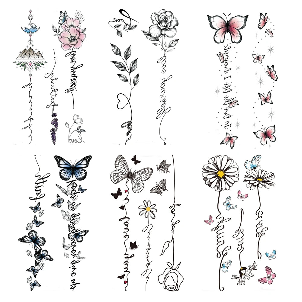 Elegant Floral Temporary Tattoos for Women - 6 Sheets Waterproof Body Art (Rose, Butterfly, Feather Designs) - Back Arm Fake Tat