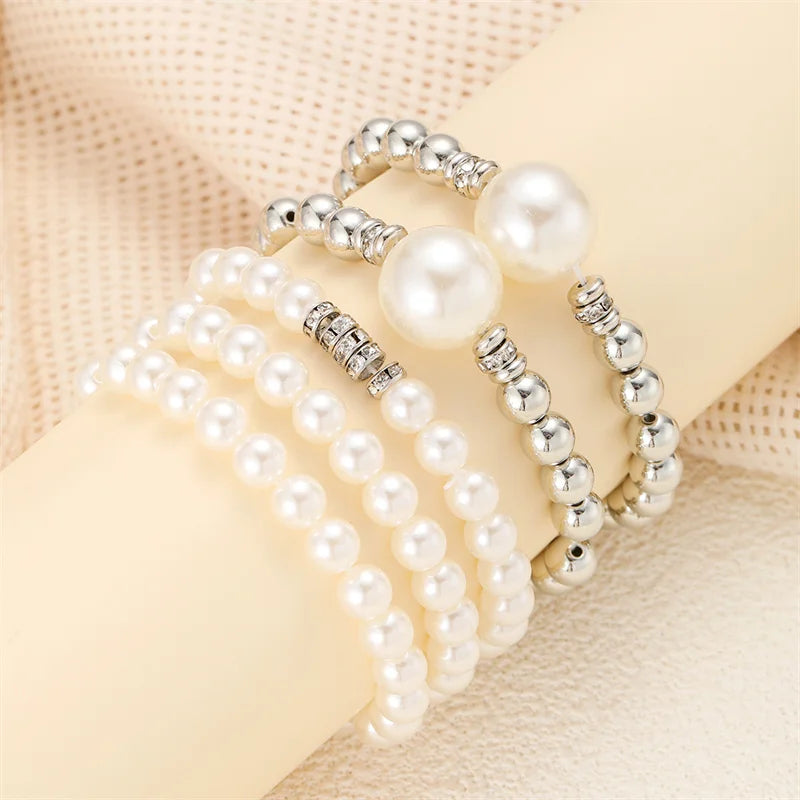 4Pcs Trendy Pearl Love Beaded Bracelet Set For Women Beads Adjustable Elastic Chain Bangle Female Luxury Party Jewelry Gift