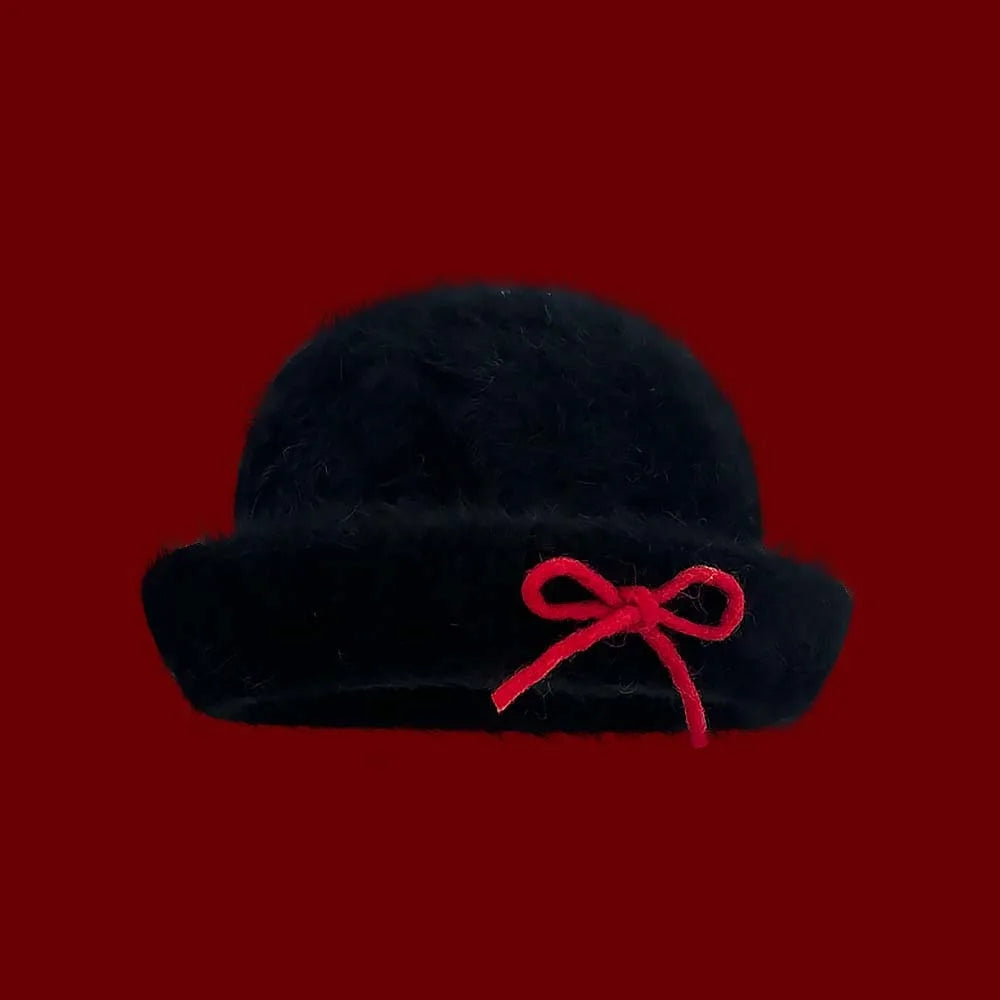 Top Hat Vintage Looking Black Bowler Hats Beret Japanese Style Woolen Bucket Cap Bow Versatile White Dome Hat Winter