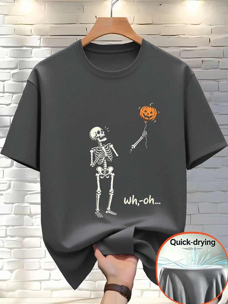 Men Halloween Skeleton Pumpkin Balloon Funny Graphic Tee Quick Dry Polyester Short Sleeve Crew Neck Casual Party T-Shirt-T121