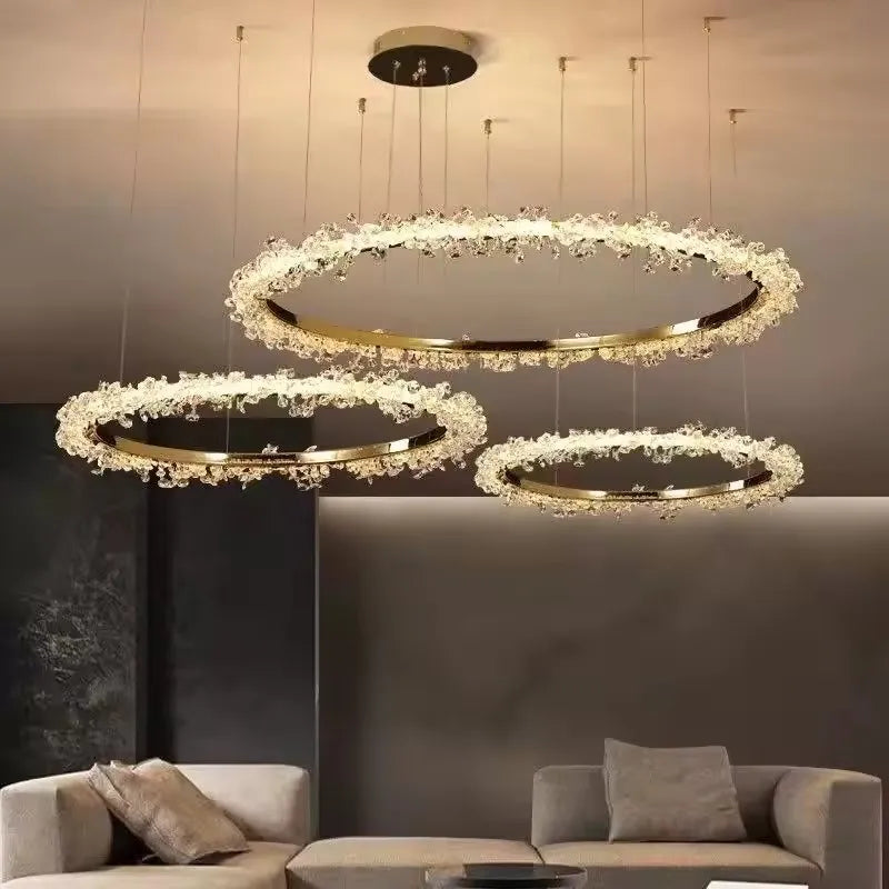 Modern Lustre Crystal Dimmable Pendant Light Living Room Circle Hanging Lamp Foyer Gold Led  Suspend Lamp Fixtures