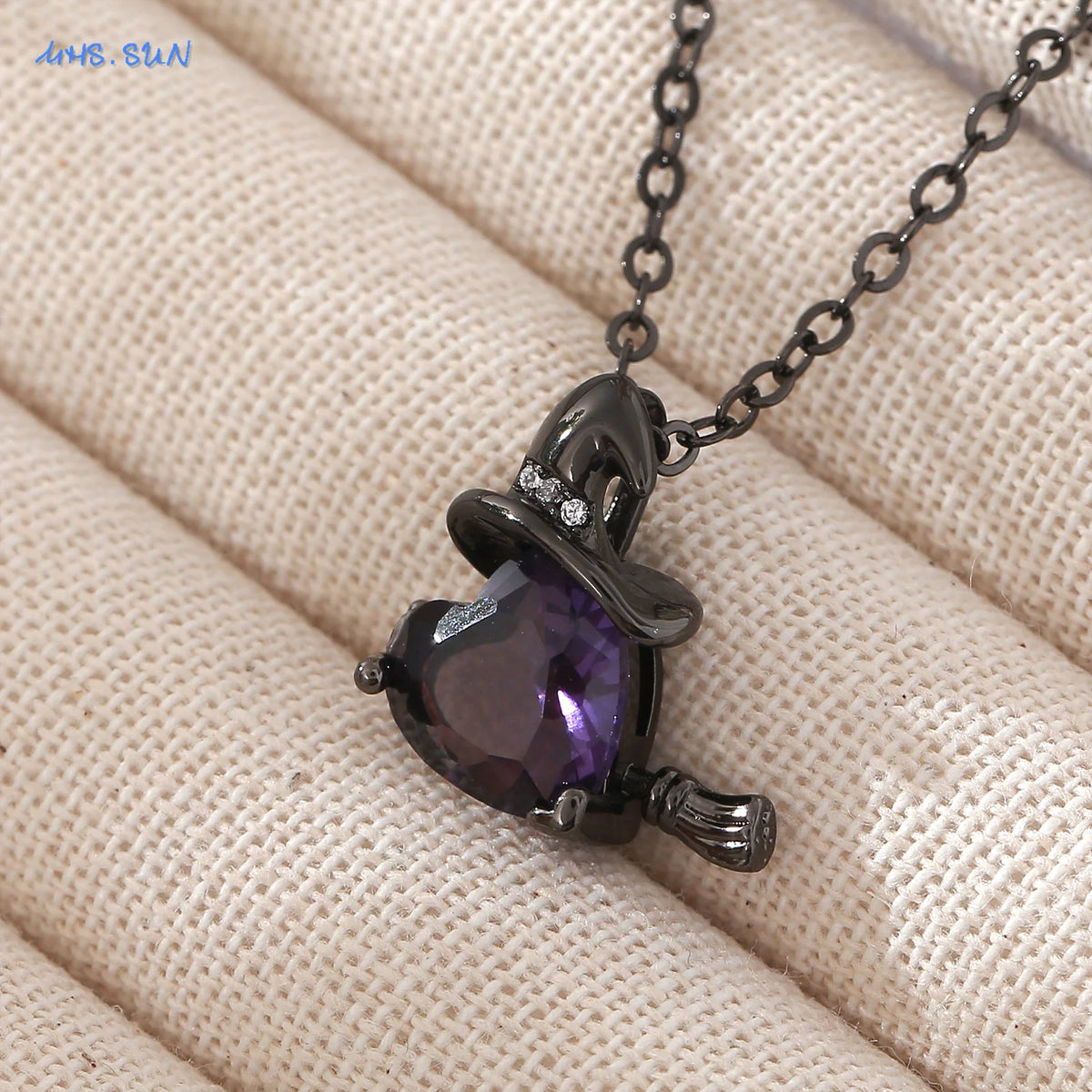 MHS.SUN Gothic Black Witch Hat Broom Pendant Necklace for Women Vintage Purple Zircon Heart Halloween Jewelry Festival Gifts