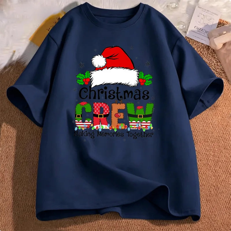 Christmas Crew Santa Hat Holly Snowflake Quote Art Print Graphic Womens T Shirt Short Sleeve Crew Neck Casual Ladies Tee Tops