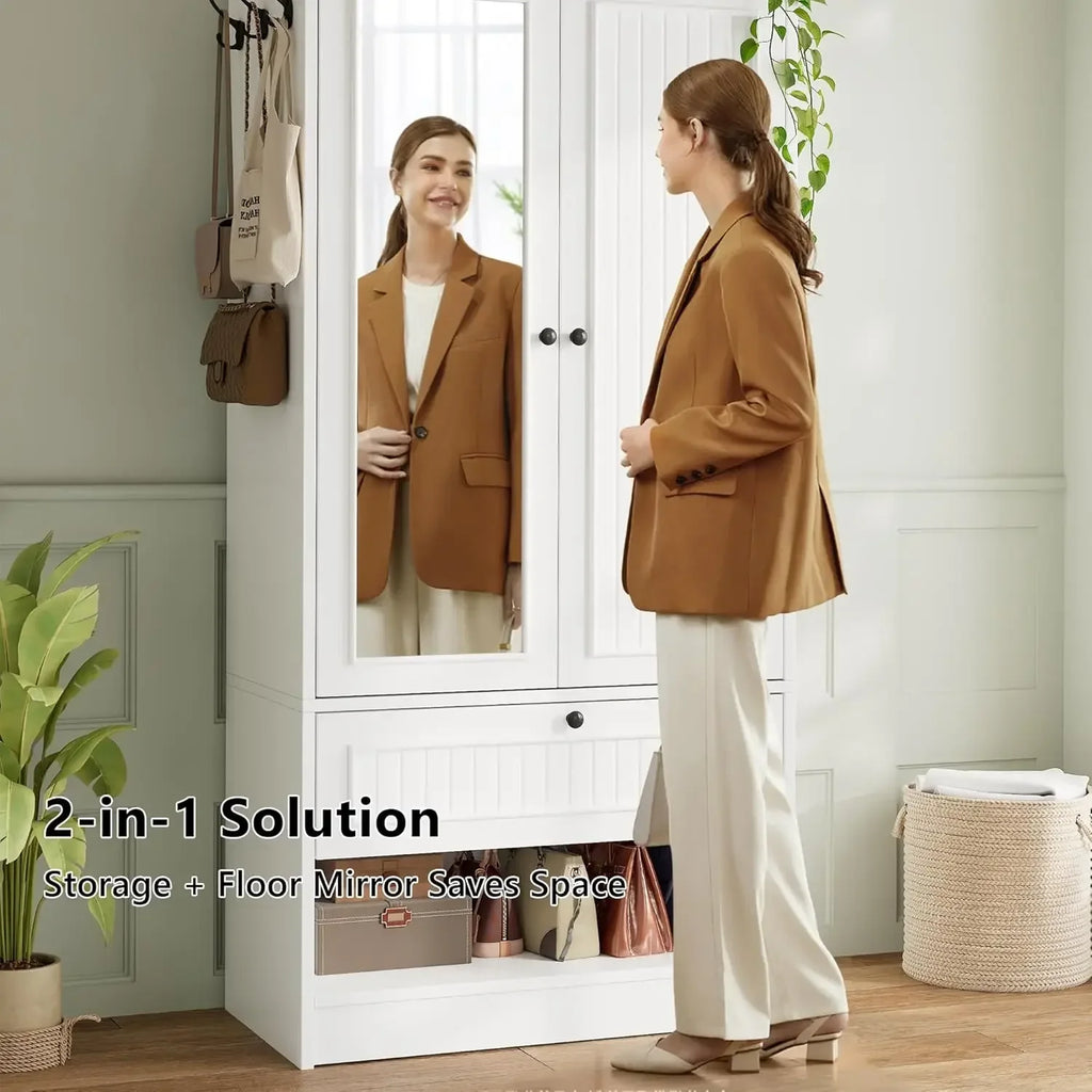 Wood Armoire Wardrobe Closet with Mirror Door and Drawer, 2 Doors Bedroom Storage Cabinet for Hanging Clothes, White