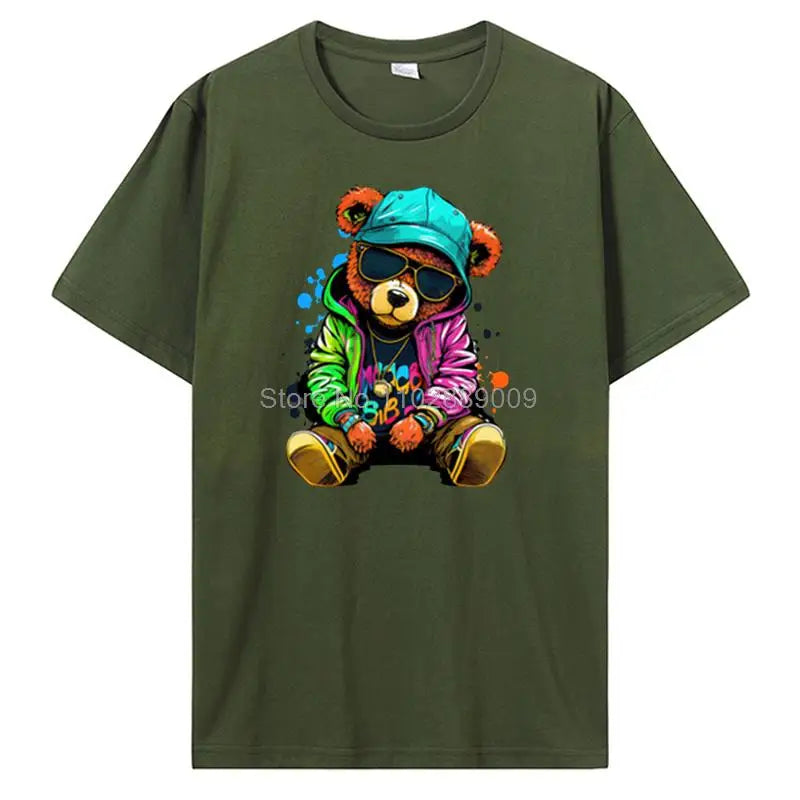 Teddy Bear Playing Badminton T-shirt Cotton Clothing Tops Graphics Kawaii Men Women Short Sleeve Print TShirt Tees