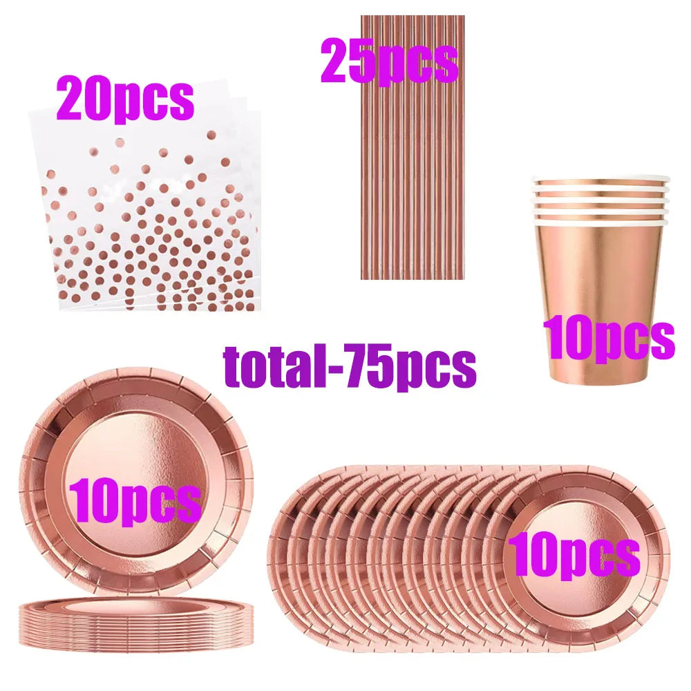Rose Gold Disposable Tableware Sets Rose Gold Stamping Paper Plates Napkins Queen Princess Girls Happy Birthday Party Supplies