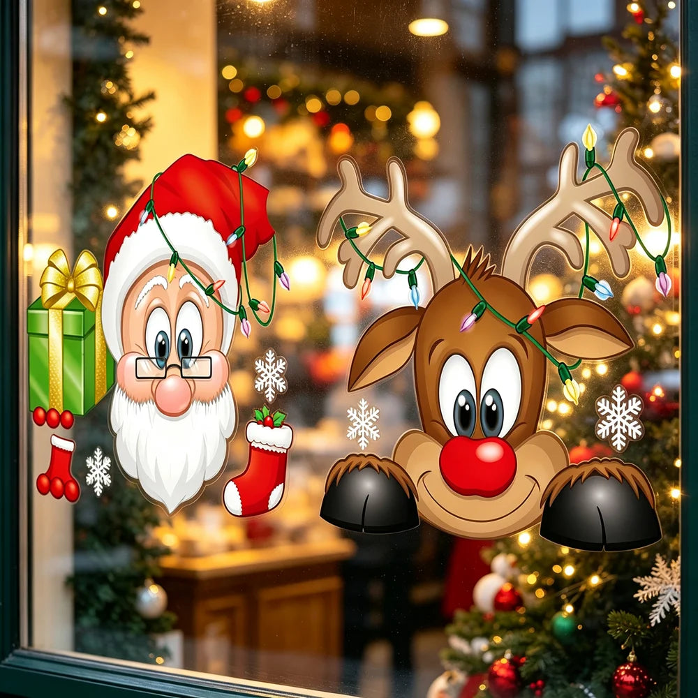Christmas Window Cling Stickers Santa Claus Reindeer Snowflake Gift Box Window Decals for Xmas Home Shop Glass Door Window Decor