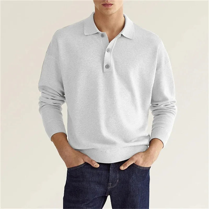 Men Long Sleeve Polo Shirt V Neck Button Up Casual Autumn Basic Solid Color Knitwear Tops For Men