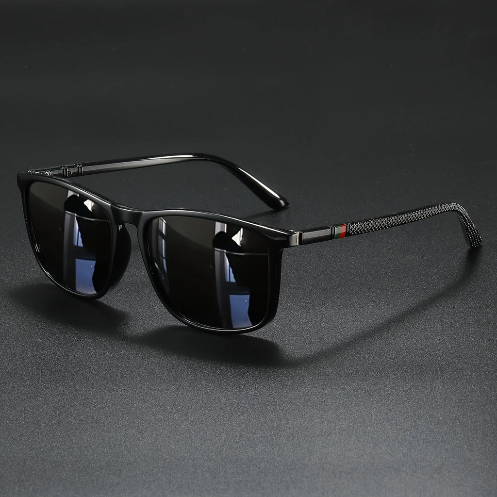Classic Fashion Square Sunglasses - Lightweight Frame with Red/Green Stripe Temples, UV400 for Travel & Daily Wear