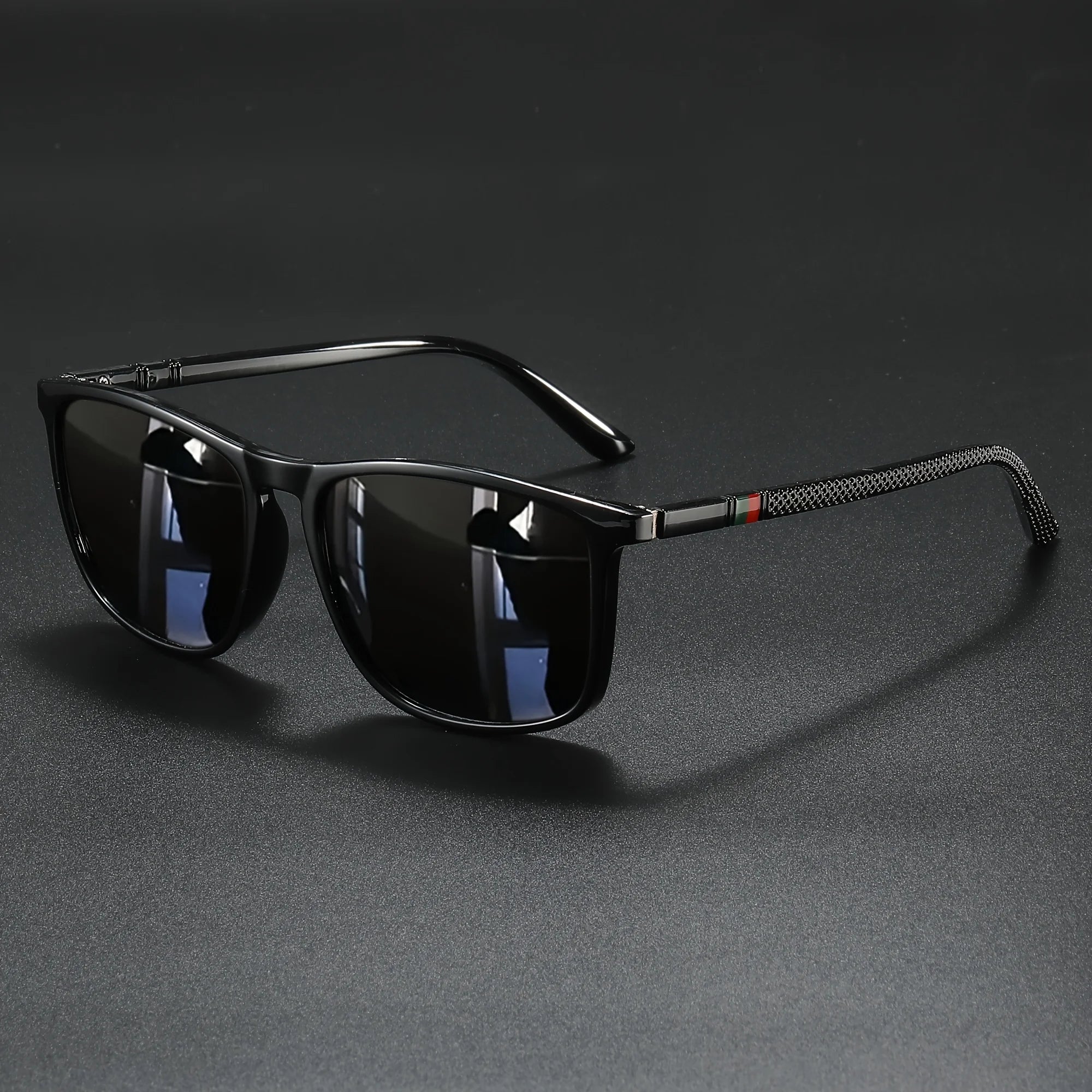 Classic Fashion Square Sunglasses - Lightweight Frame with Red/Green Stripe Temples, UV400 for Travel & Daily Wear