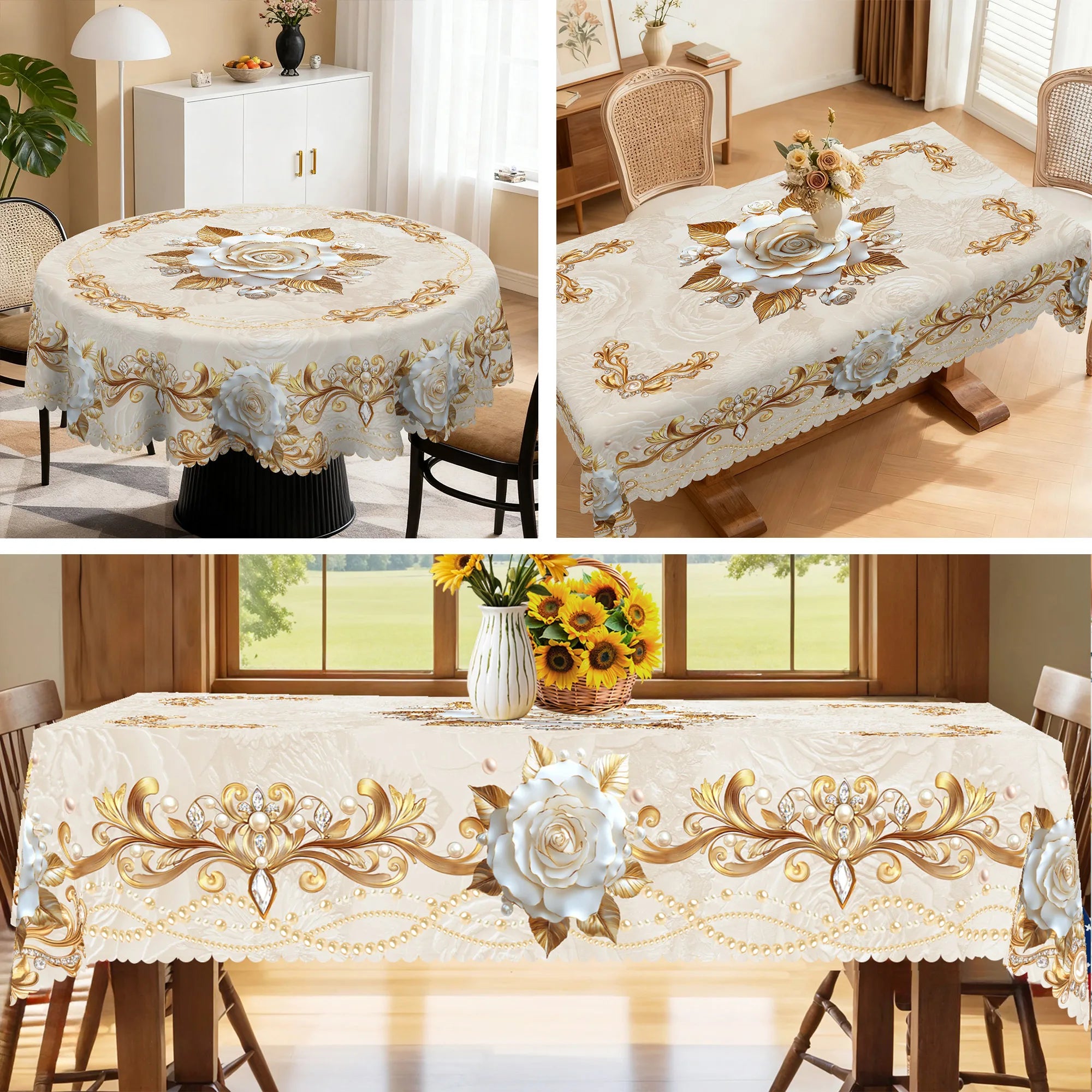Elegant Floral-Themed Printed Tablecloth, High-Quality White and Gold Pattern, Embossed Edges, Durable, Waterproof, Oil-Proof, Stain-Resistant, Wrinkle-Resistant, Non-Fading, Machine Washable, Reusable, Perfect Gift for Famil