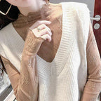 Sexy Women Mesh T-Shirts Transparent Lace Blouse Long Sleeve See Through Tops For Women Bottoming Shirt Sheer Tees Body Crop Top