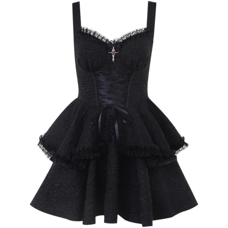 Y2K Elegant Black Sleeveless Lace Trim Party Dresses Vintage Goth Bandage A-Line Short Dresses Women Fashion Summer Dresses