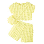 Cute and Stylish 3-Piece Set for Girls Sweetheart Bubble Sleeve Top with Shorts and Bag Summer Days Casual Children Sets