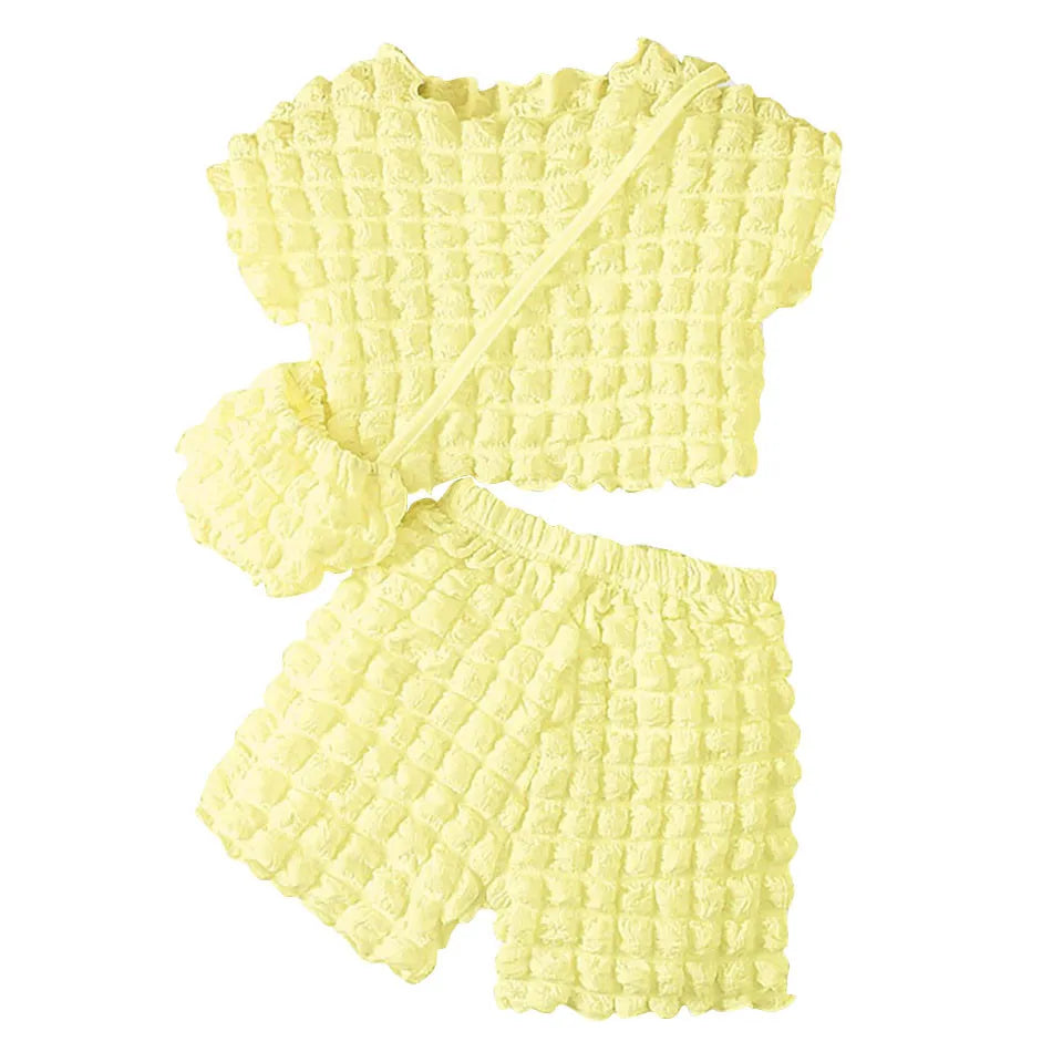 Cute and Stylish 3-Piece Set for Girls Sweetheart Bubble Sleeve Top with Shorts and Bag Summer Days Casual Children Sets