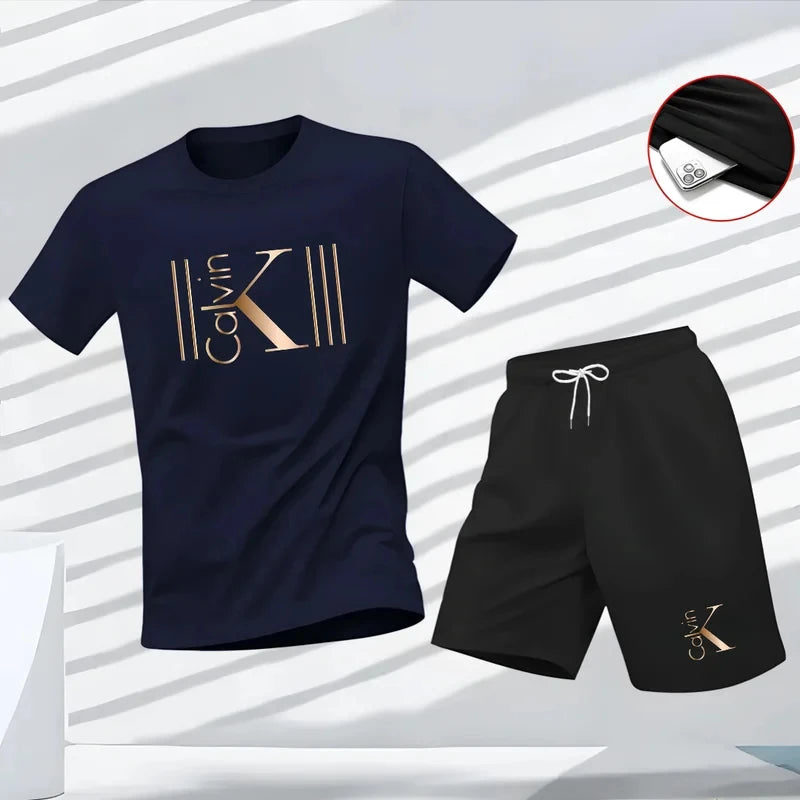 New summer fitness sportswear for men, short-sleeved T-shirt and shorts two-piece set, breathable and quick-drying casual wear.