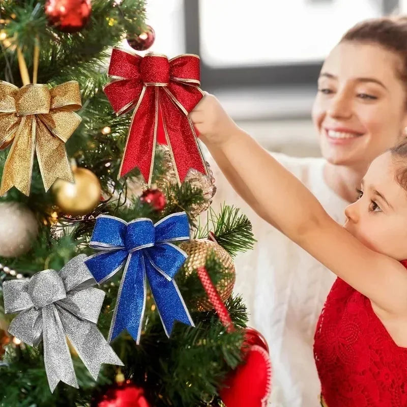 Large Glitter Christmas Bow Ornaments Red Gold Edge Ribbon Bow for Xmas Tree Wreath Gift Box Holiday Home Wedding Party Decor