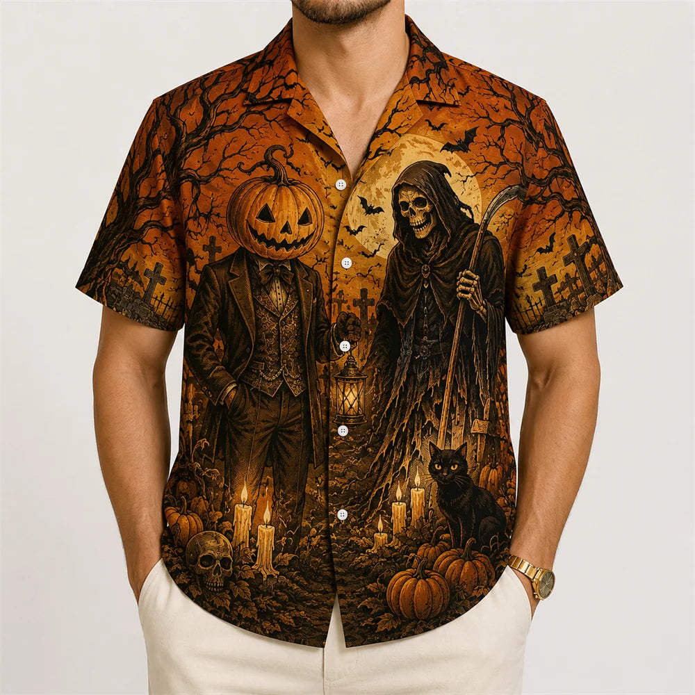 Halloween Pumpkin Reaper Shirt For Men 3D Print Jack O Lantern Short Sleeve Shirt Scary Graveyard Horror Party Costume 2026 New