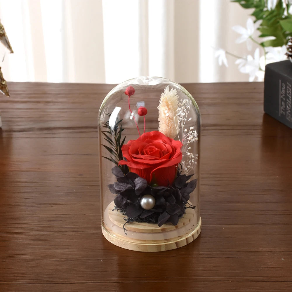 Little Artificial Rose Flowers Valentine's Day Flower Gift to Girlfriend Mother's Glass Dome Bell Jar at Valentine's Day Wedding