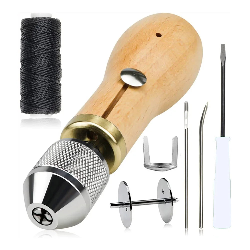 Leather Sewing Machine Kit with Handheld Sewing Machine, Two Needles, Three Shoe Threads in Black White Brown for Leather DIY