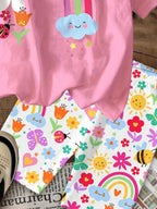 Girls' Summer Casual Outfit, Children's Sweet and Romantic Rainbow Floral Print Set, Pink Short-Sleeve Top + Tight Leggings Two-Piece Set, Suitable for Girls Aged 4-12, Versatile Clothing for Home, Leisure, and Outings