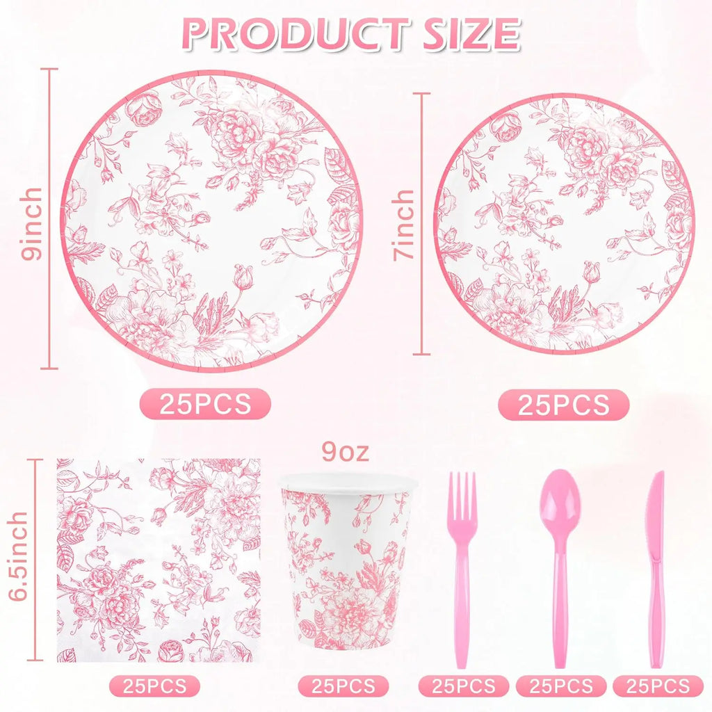175Pcs Pink Floral Paper Plates and Napkins 25 Guests Pink White Toile Chinoiserie Party Supplies Set Include Plates Napkins