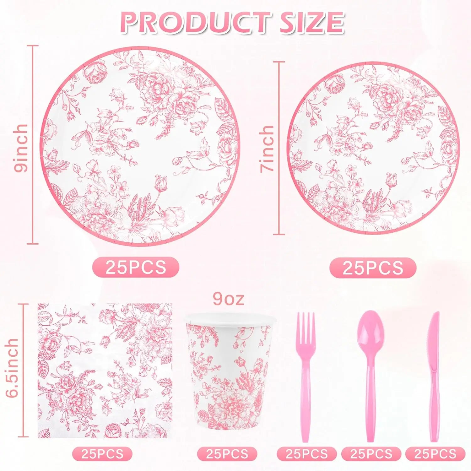 175Pcs Pink Floral Paper Plates and Napkins 25 Guests Pink White Toile Chinoiserie Party Supplies Set Include Plates Napkins