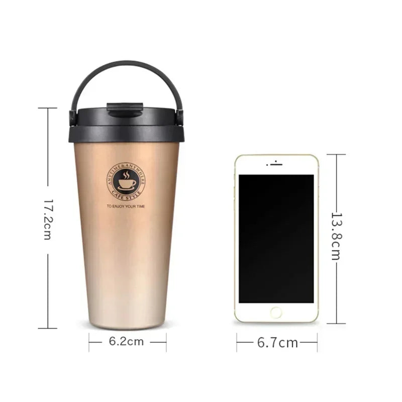 Travel Coffee Cup with Lid and Handle 500ml Insulated Double Wall Leak-Proof Thermos Mug Vacuum Stainless Steel Tea Tumbler