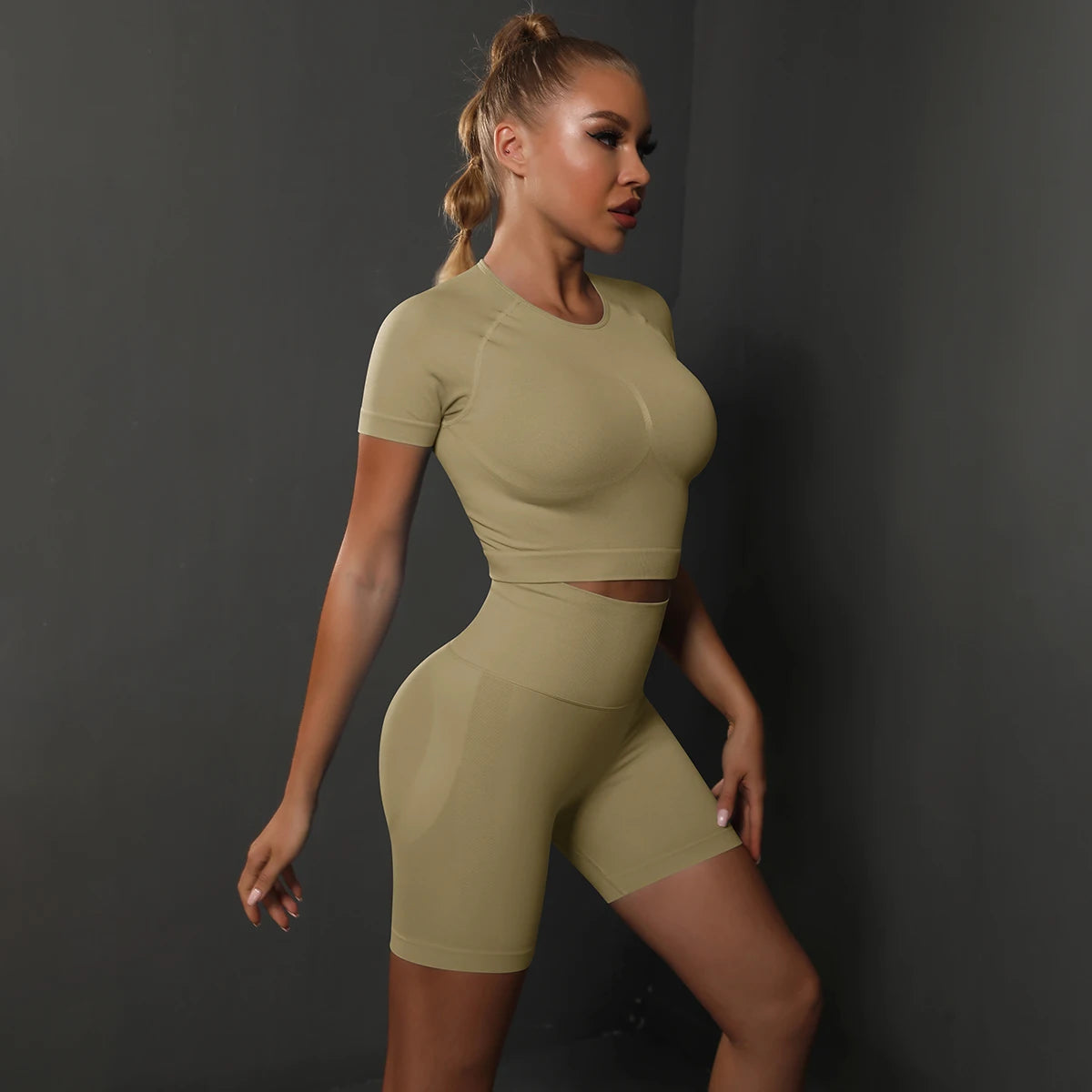 Summer Women Seamless Yoga Set Fitness Sportswear Workout Tracksuit Short Sleeve Crop Top High Waist Shorts Set Gym Clothing