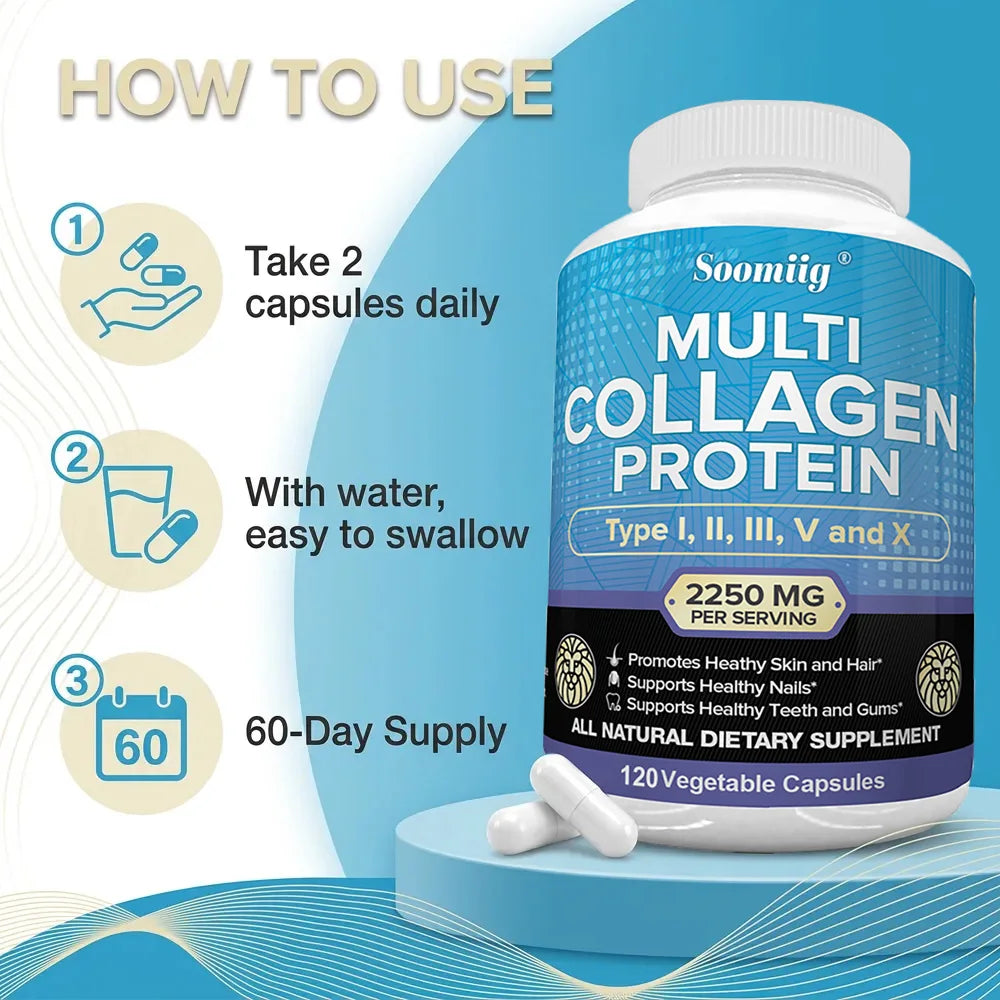 Multi-Collagen Peptides Capsules, Types I/II/III/V/X, Teeth, Hair, Skin, Nails, Joints, Gut & Anti-Aging Support, Non-GMO