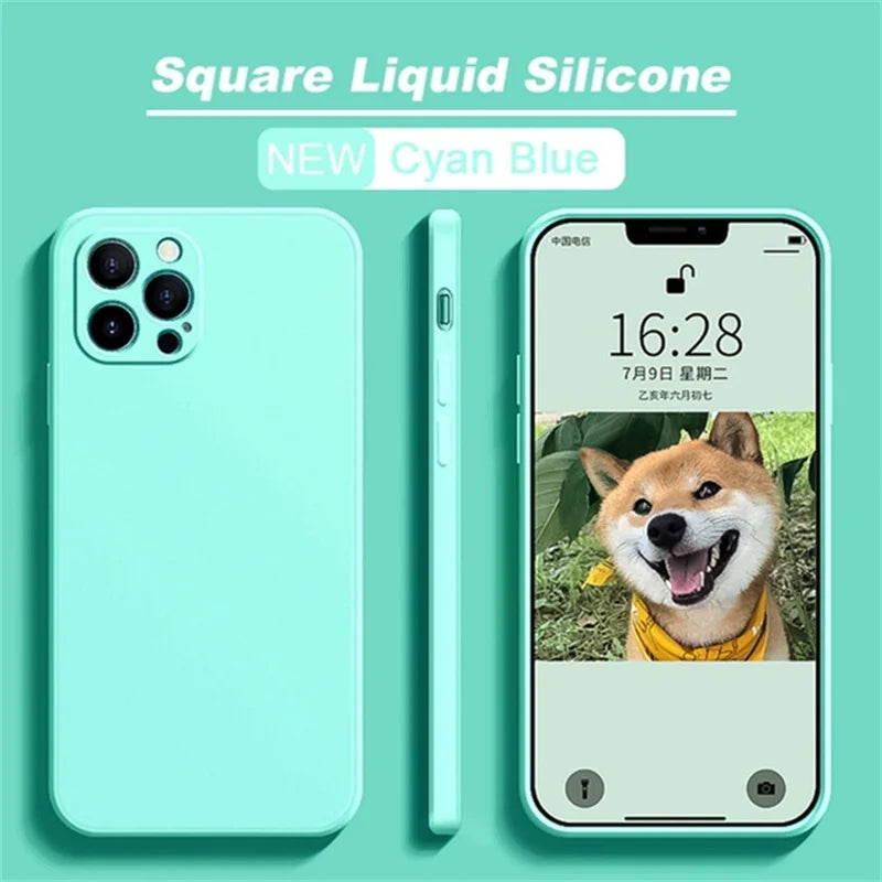 Original Silicone straight edge Case For iPhone 11 12 13 14 15 Pro XS Max XR X 8 7 Shockproof Funda Cover