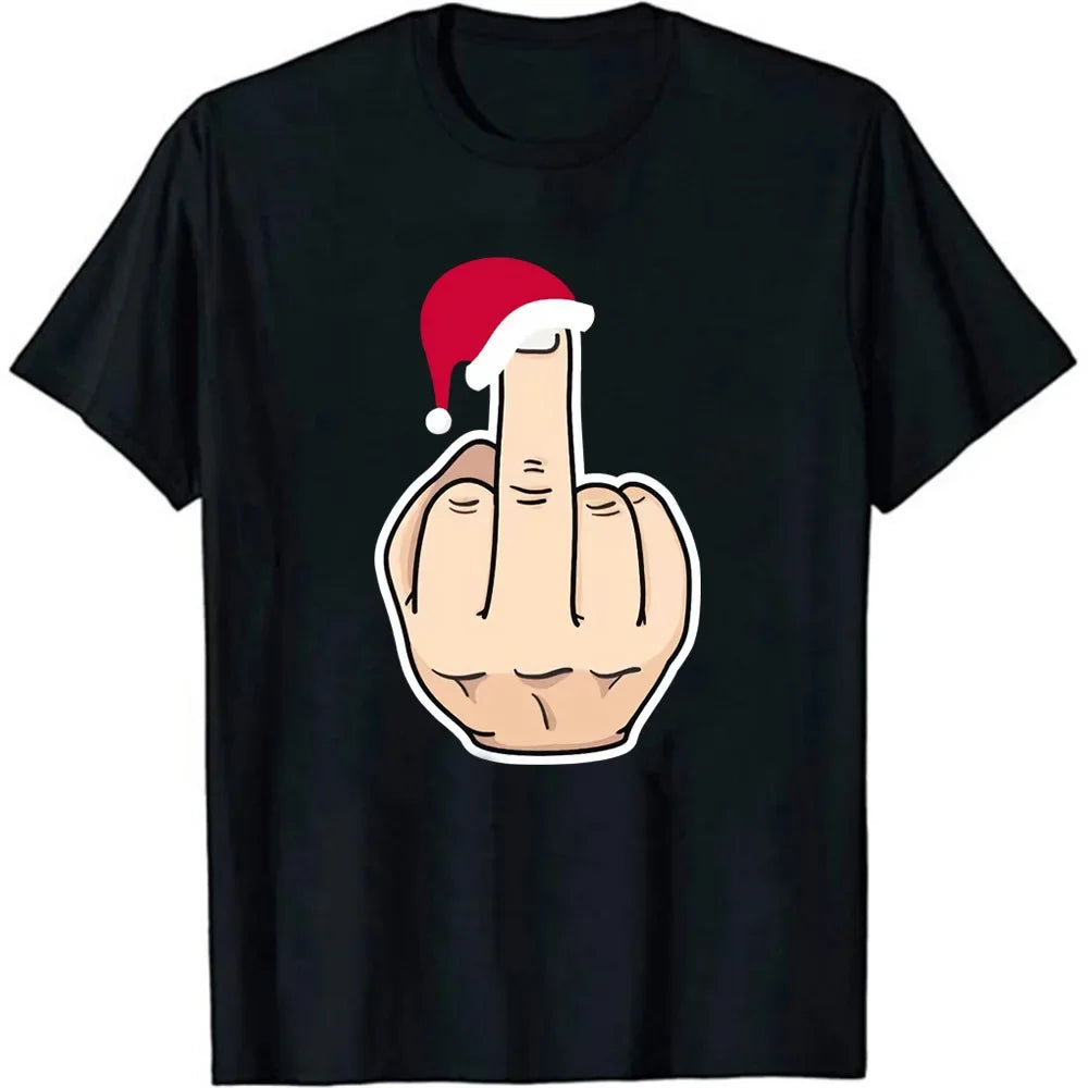 Christmas Santa's Hat Middle Finger Print T Shirt Women Short Sleeve O Neck Loose Tshirt Women Tee Shirt Tops Camisetas Mujer