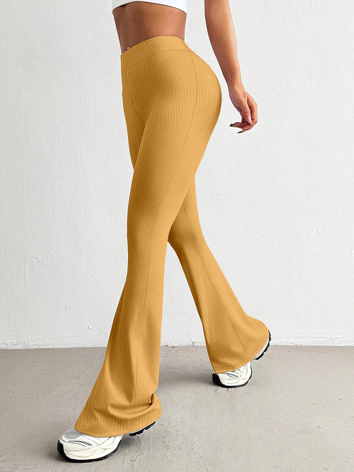 High-Waisted Ribbed Flared Pants Same Style as European and American Fashion Bloggers Elastic Slim-Fit Leg-Lengthening Casual