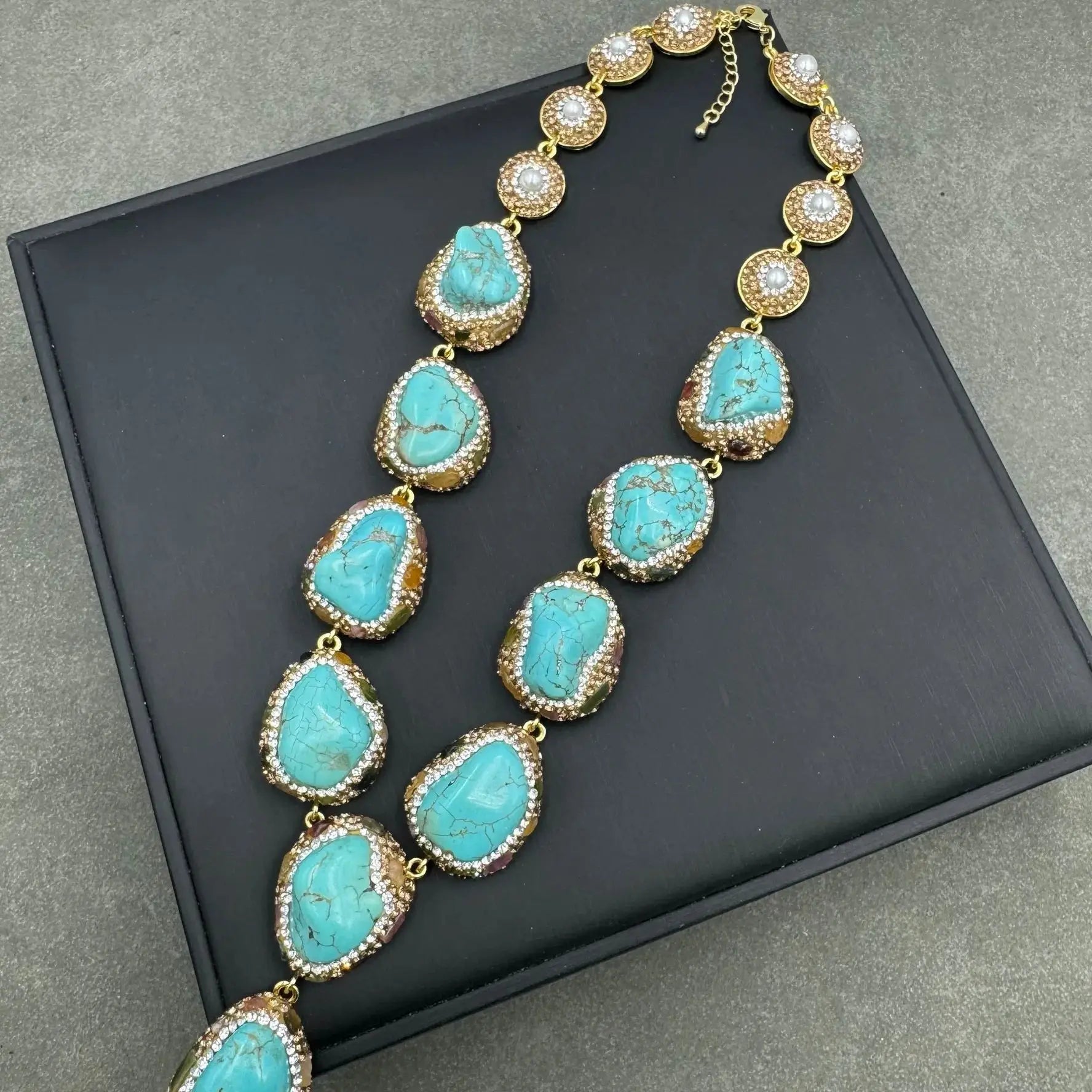 Ethnic style vintage turquoise natural pearl inlaid earrings, rings, bracelets, necklaces, jewelry four-piece set for women
