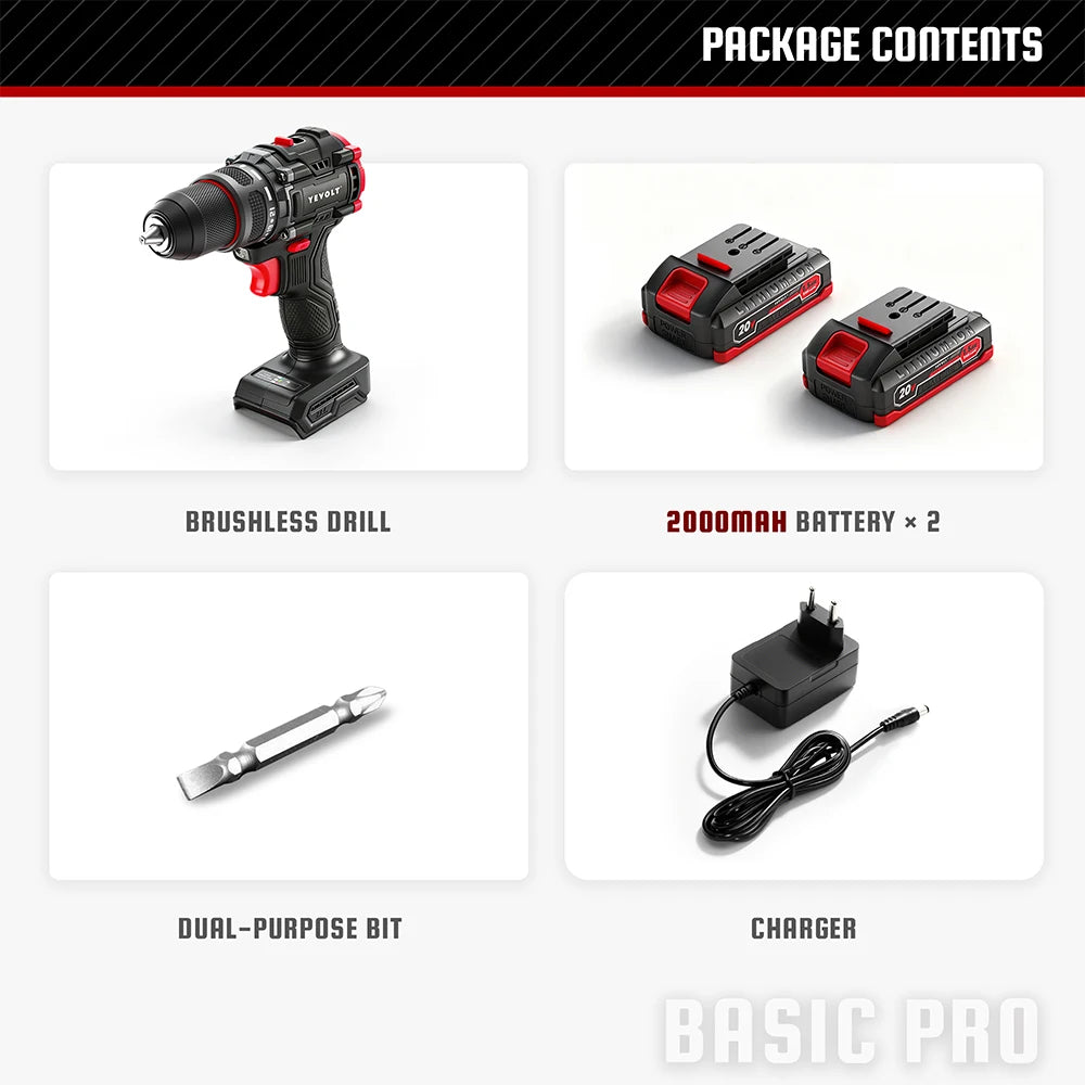 YEVOLT Electric Drill 20V Brushless Li-ion Compact Cordless 21+1 Driver Handheld Screwdriver Power Tools YVGBD20DU2 Series