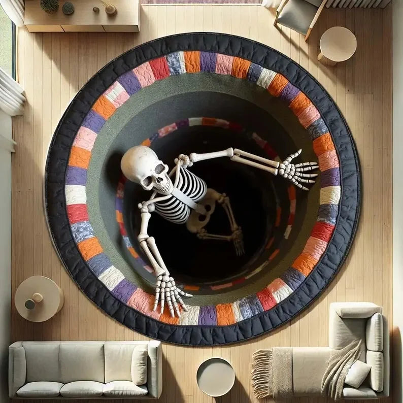 Skeleton Illusion Round Rug Spooky Optical Floor Carpet Fun Gothic Home Decor Gift for Living Room Horror Door Mat Rug