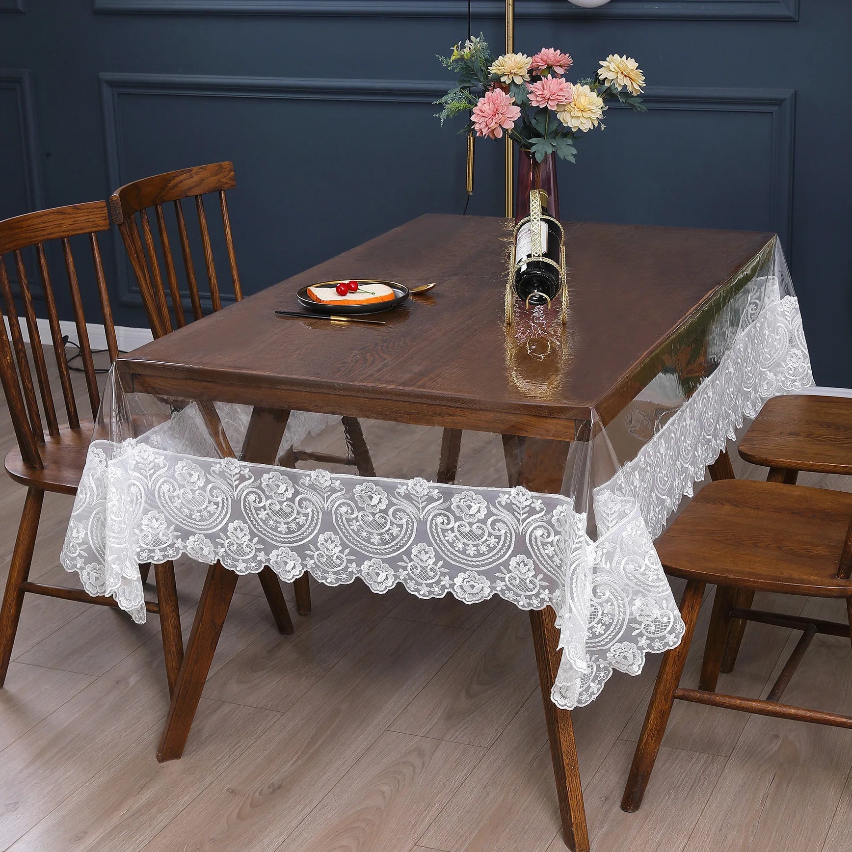 Clear Plastic Waterproof Tablecloth,Vinyl PVC Rectangle Table Cloth Oilproof Lace Table Cover for Dining Table Outdoor Decor