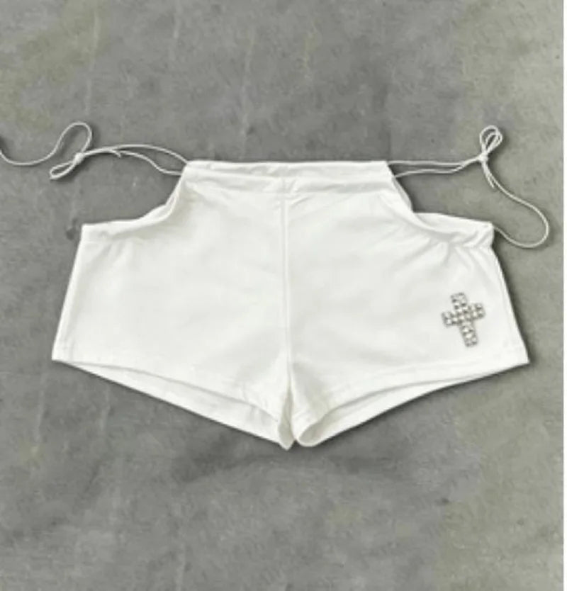 Streetwear Aesthetic Hot Pants Women White Cross Print Side Tie Low Rise Micro Shorts 2026