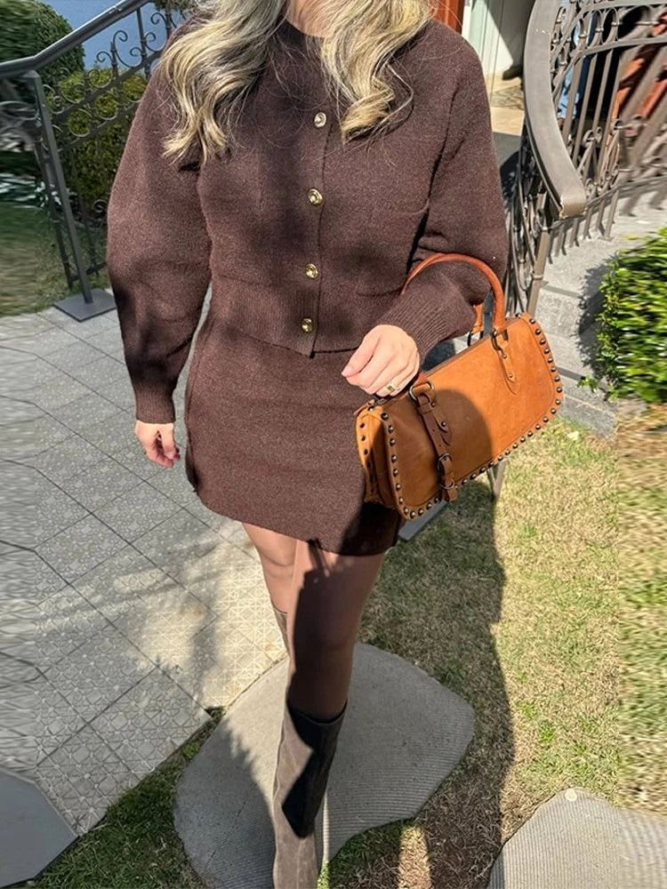 Elegant Brown Knitted Cardigan Skirt Suit Women Single Breasted Sweater Mini Skirts Set 2025 Autumn Chic Street Lady Outfits