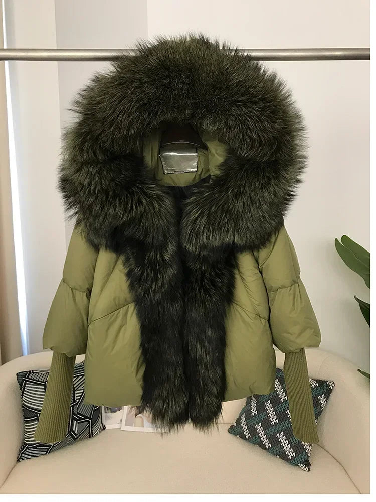 2024 Winter Puffer Jacket Women Real Fox Fur Collar Hooded Natural Thick Warm Loose Oversize Duck Down Coat Streetwear Outerwear
