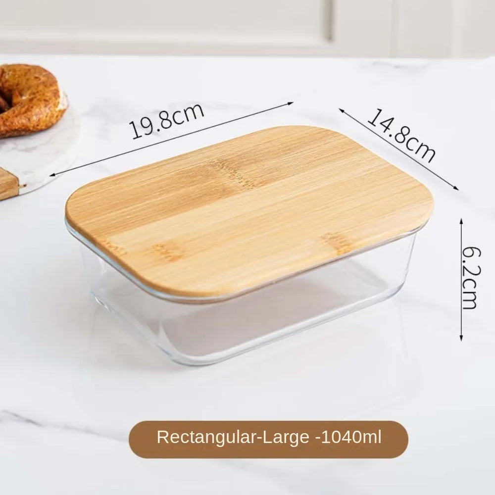 Glass Fresh-Keeping Box Heat-Resistant Bamboo Lid Microwave Oven Lunch Box Leakproof High Borosilicate Office Worker Bento Box