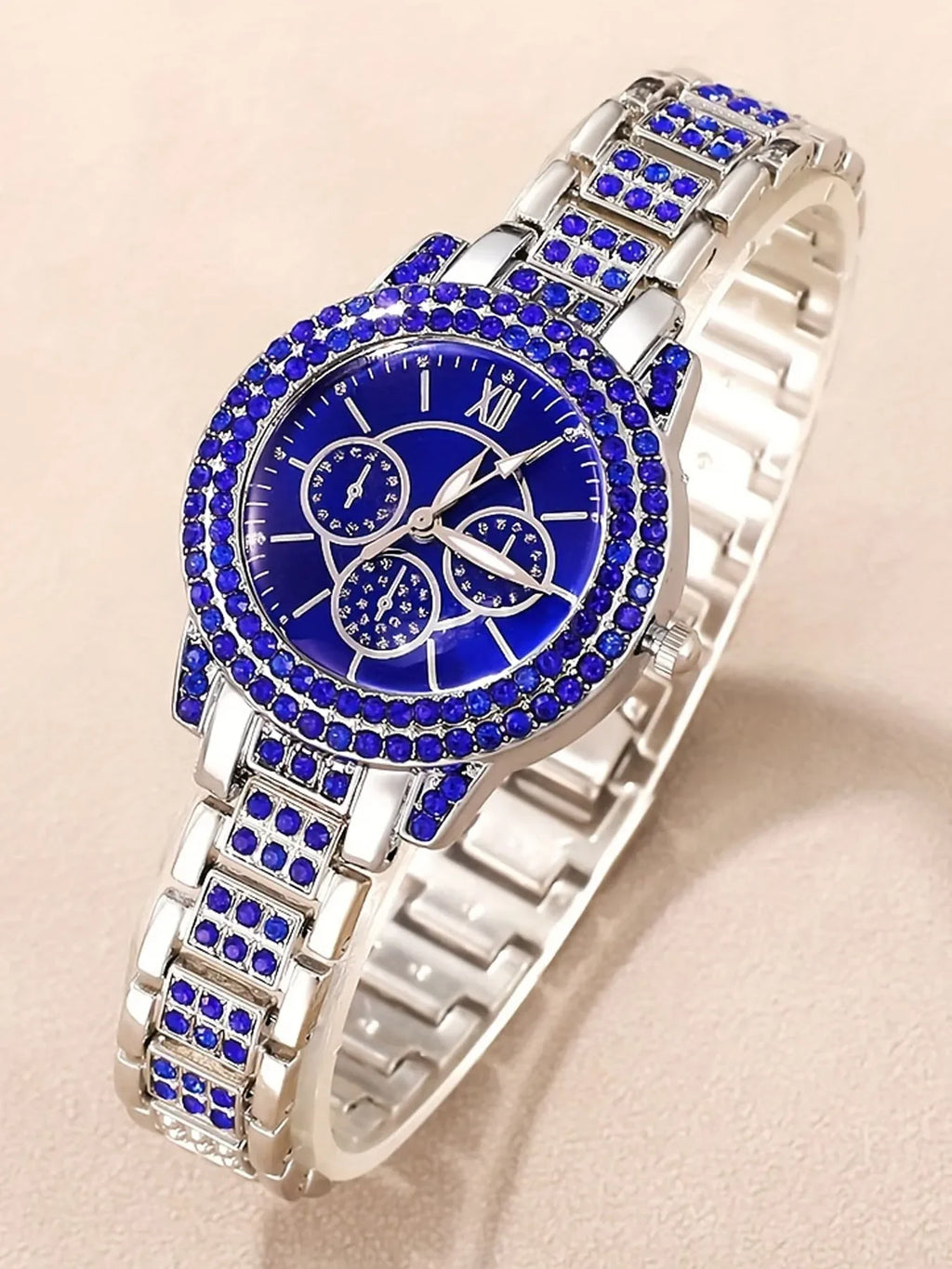 6pcs Luxurious diamond-studded bracelet watch set for women, featuring a quartz wristwatch with five exquisite pieces.