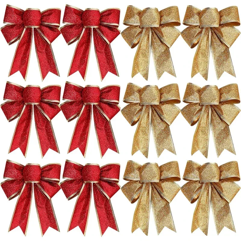 Large Glitter Christmas Bow Ornaments Red Gold Edge Ribbon Bow for Xmas Tree Wreath Gift Box Holiday Home Wedding Party Decor