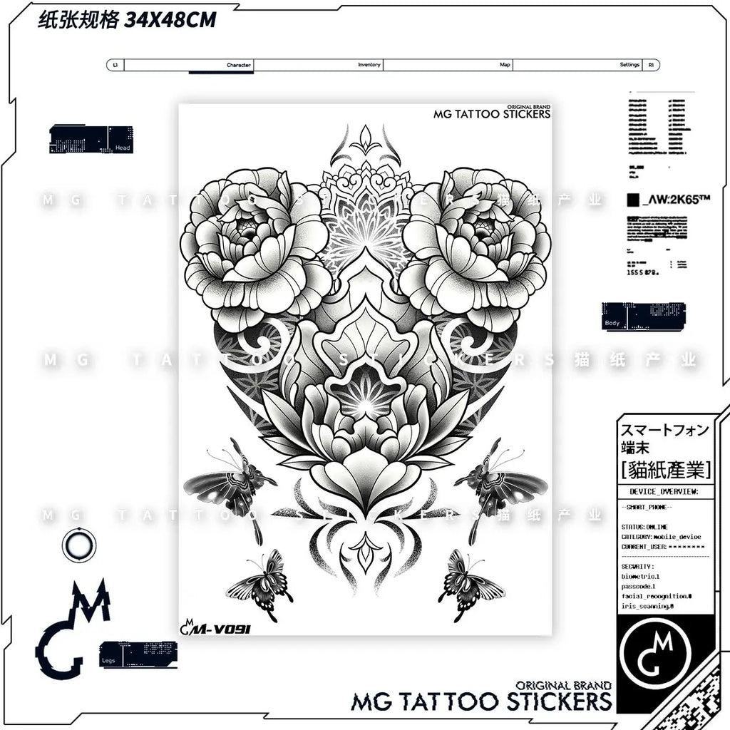 Full Back Lotus Flower Tattoo Stickers Lasting Tattoo Peony Totem Temporary Tattoos Waterproof Sexy Backless Tattoo Fake Tattoo