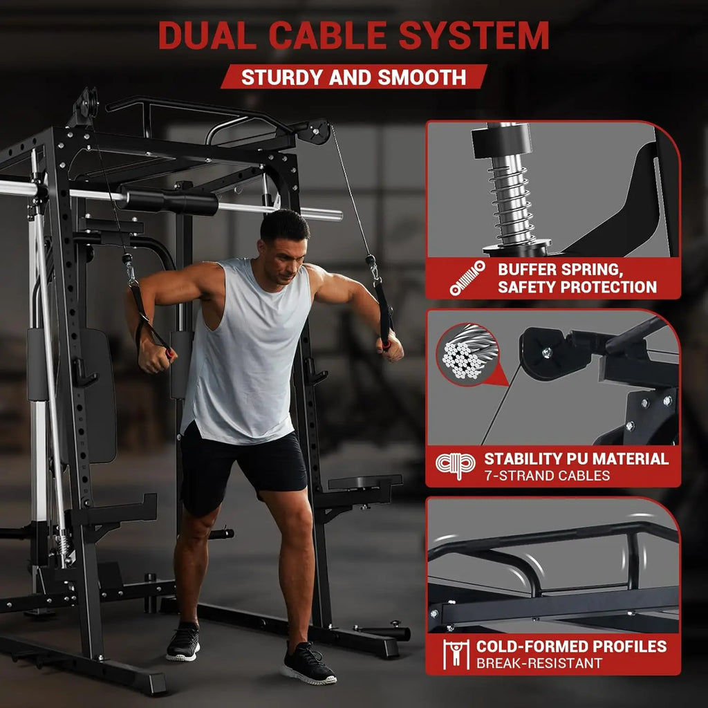 2000LBS Smith Machine Squat Rack Power Cage Cable Crossover Lat Pulldown Home Gym, Custom