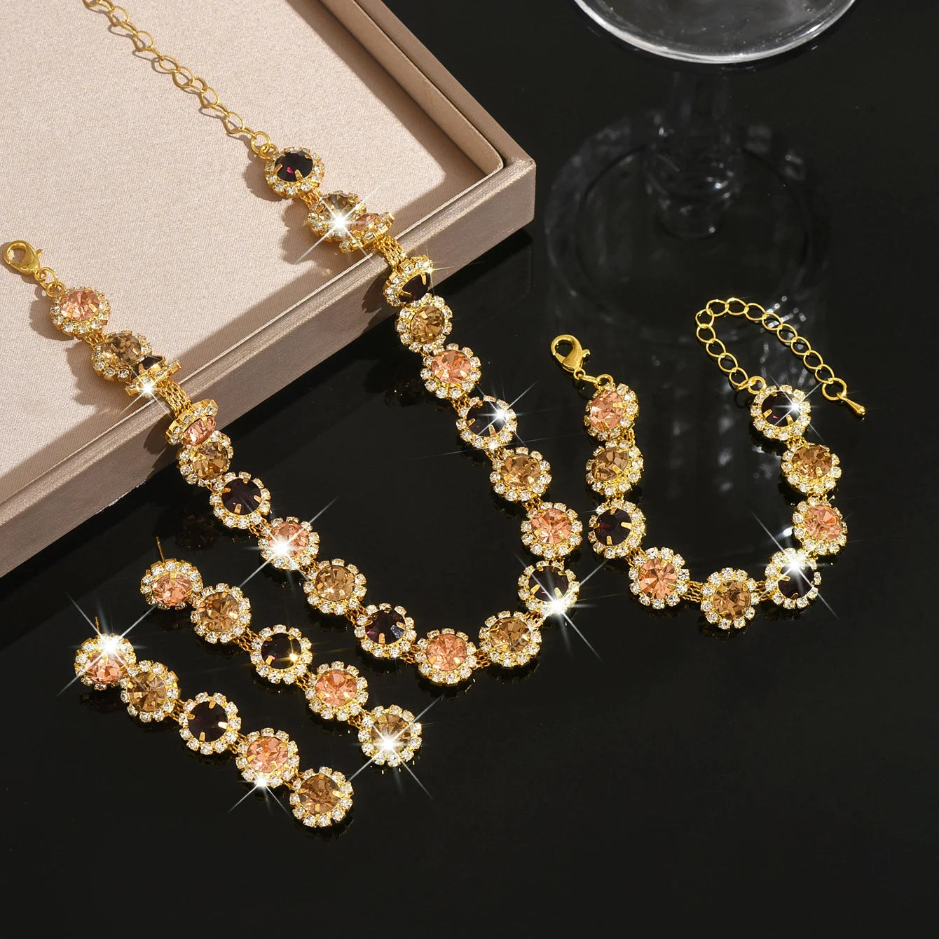Jewelry set - Crystal zirconium geometric flower necklace, earrings and bracelet - fashionable jewelry. Gift for wife.