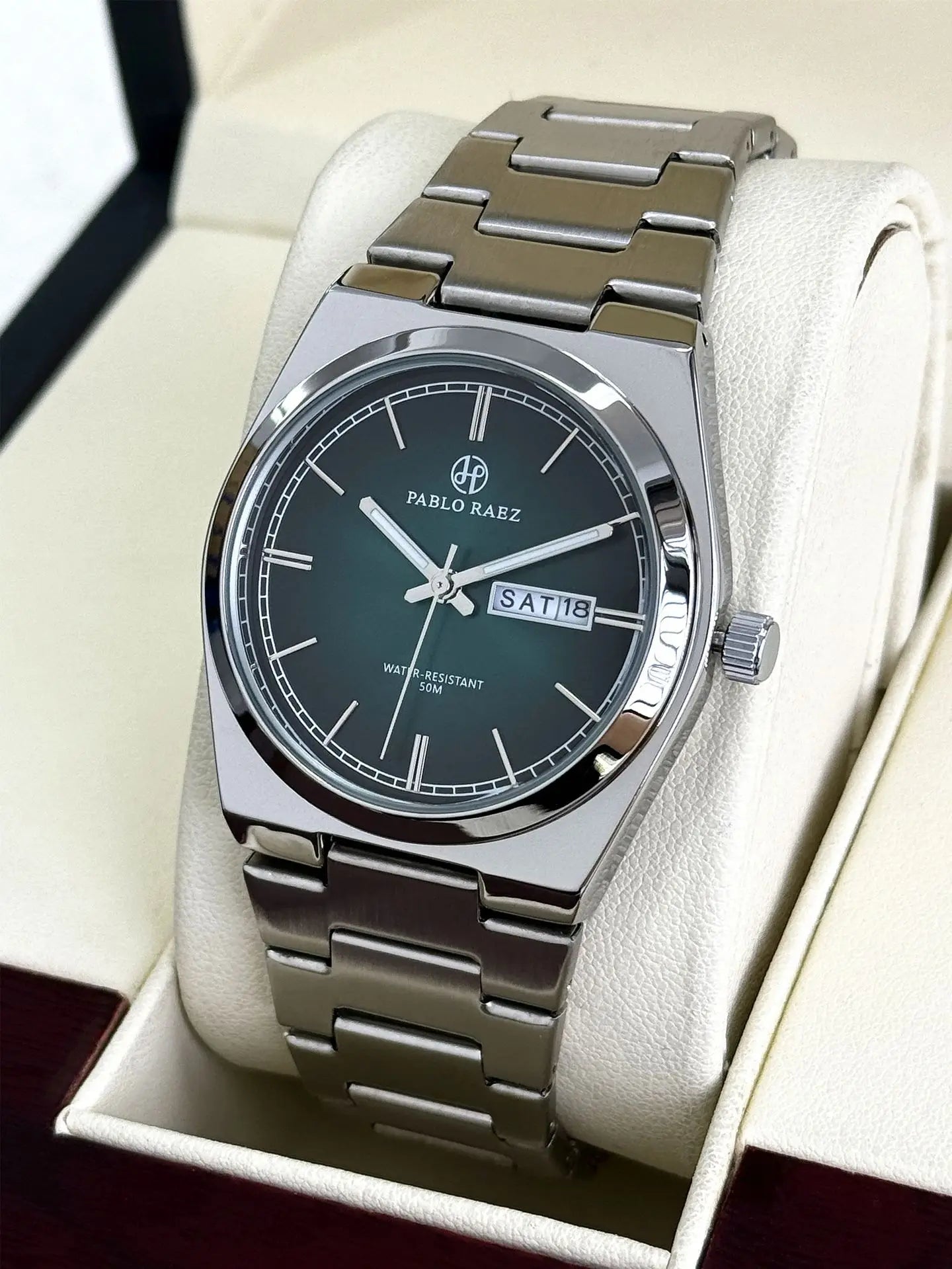 2026 new steel couple's watch, gradient green dial, butterfly buckle, dual calendar, P36, luminescent, waterproof watch